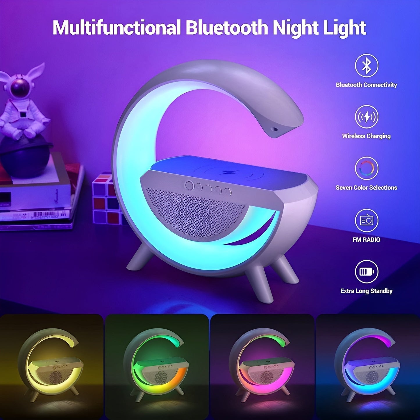 3-in-1 Wireless Charger Lamp with Multi-Functional Bluetooth Speaker, 15W Fast Charger, Dimmable Night Light, and Music Sync Alarm