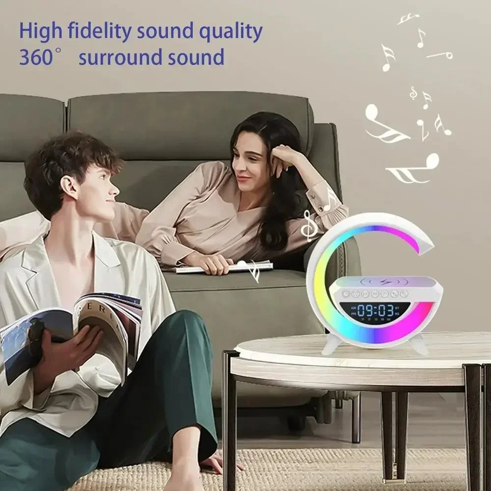 3-in-1 Wireless Charger Lamp with Multi-Functional Bluetooth Speaker, 15W Fast Charger, Dimmable Night Light, and Music Sync Alarm