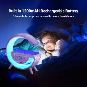 3-in-1 Wireless Charger Lamp with Multi-Functional Bluetooth Speaker, 15W Fast Charger, Dimmable Night Light, and Music Sync Alarm