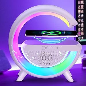 3-in-1 Wireless Charger Lamp with Multi-Functional Bluetooth Speaker, 15W Fast Charger, Dimmable Night Light, and Music Sync Alarm